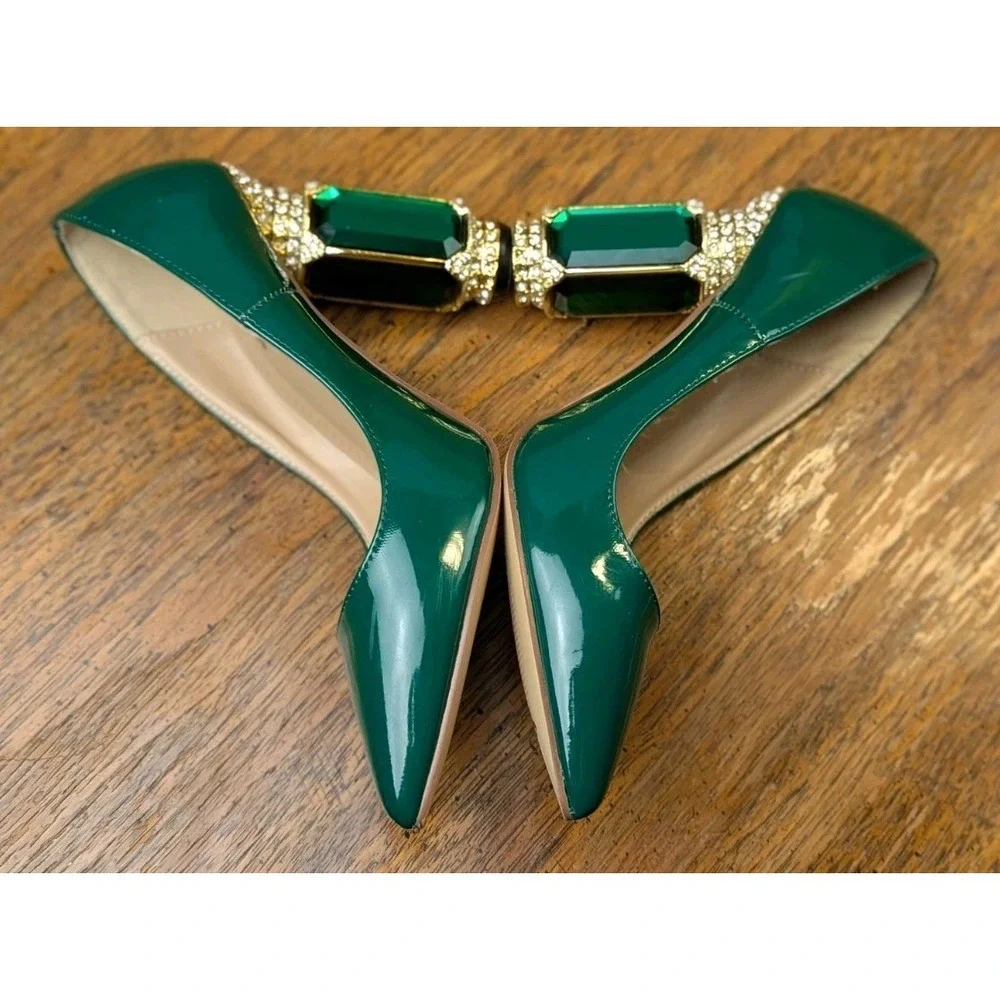 FSJ Green Patent Leather Faux Rhinestones Large Faux Emeralds Encrusted Heels 7 - Picture 6 of 11